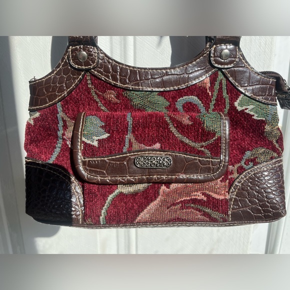 VTG Y2K Cottagecore Maroon Carpet Bag Tapestry purse w/ brown Croc faux leather - Picture 6 of 16